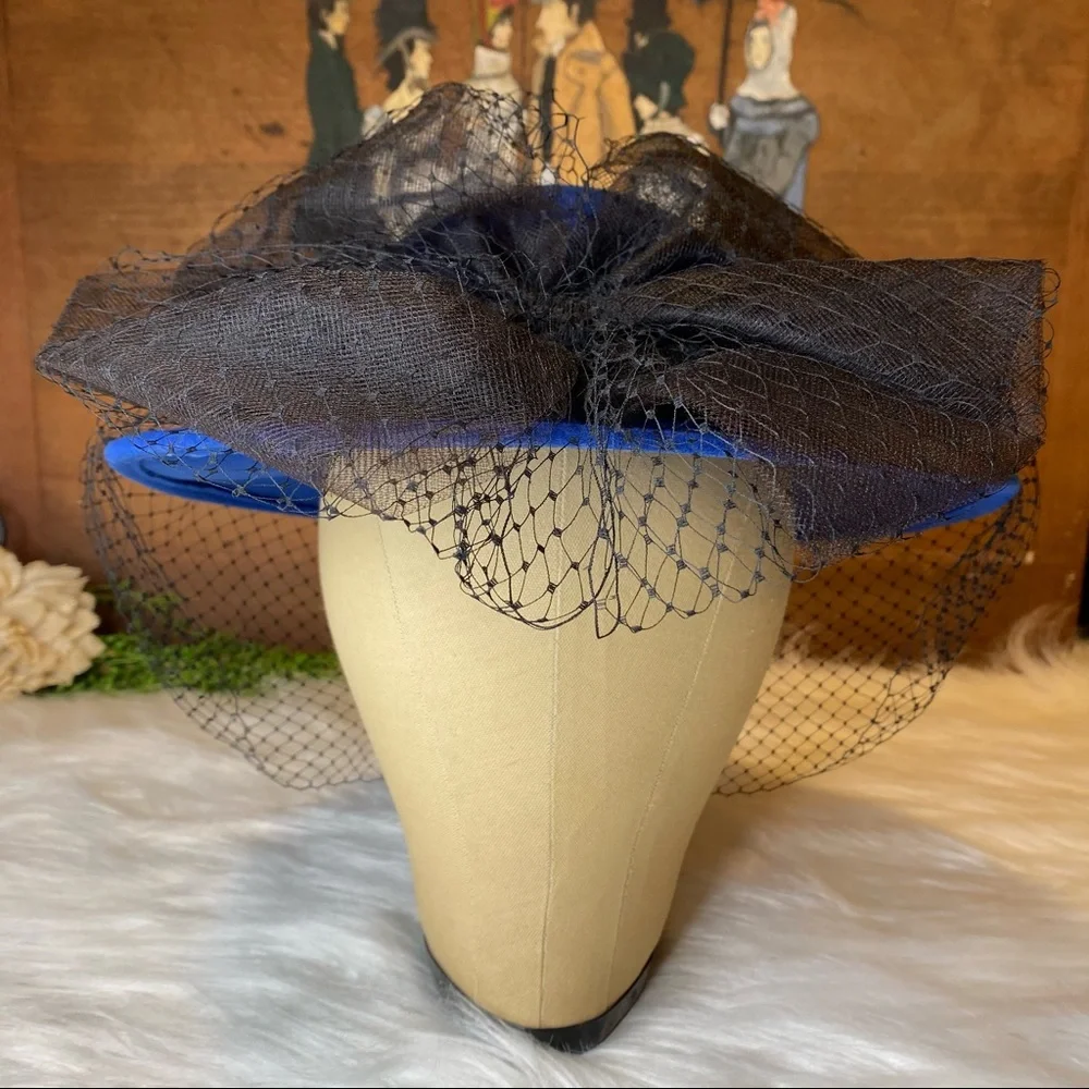 Royal Blue Women's Felt Hat with Black Veil - Picture 2 of 11
